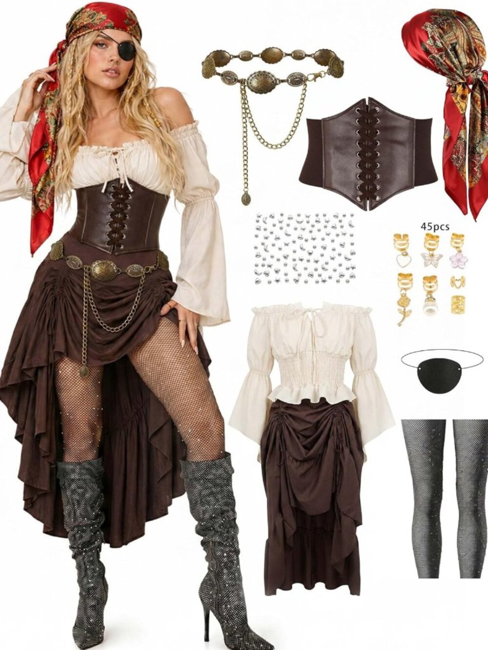 9 PCS Women's Pirate Costume Set - Skirt, Renaissance Dress, Halloween Outfit